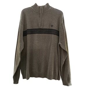 Chaps Quarter Zip Sweater Mens XL Gray Striped 100% Cotton Mock Neck